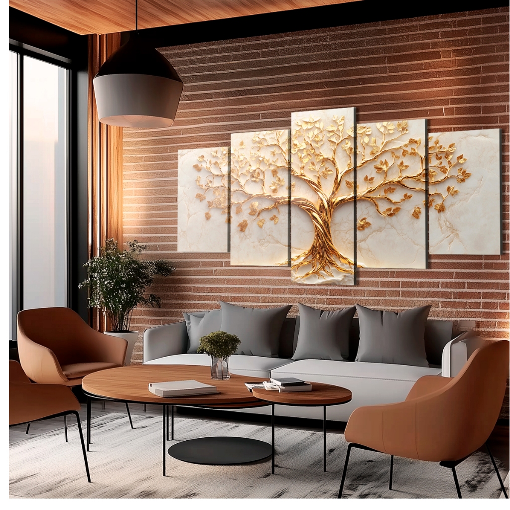 Detalhes do Quadros Decorativos Árvore da Vida Dourada Ouro Fundo Branco Para Sala Quarto Moderno