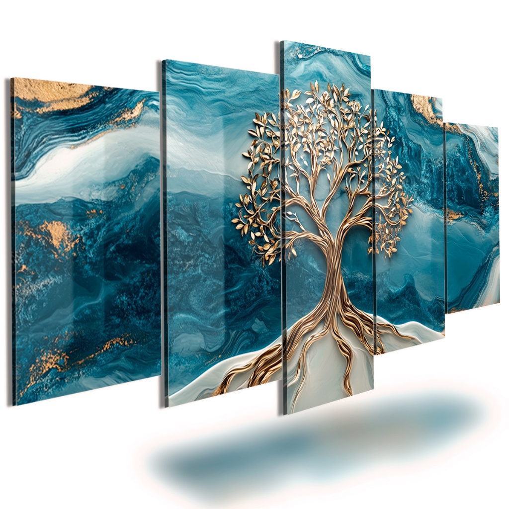 Quadros Decorativo Árvore da Vida Dourada Marmorizado Azul Luxo para Sala Escritório em Oferta na Shopee