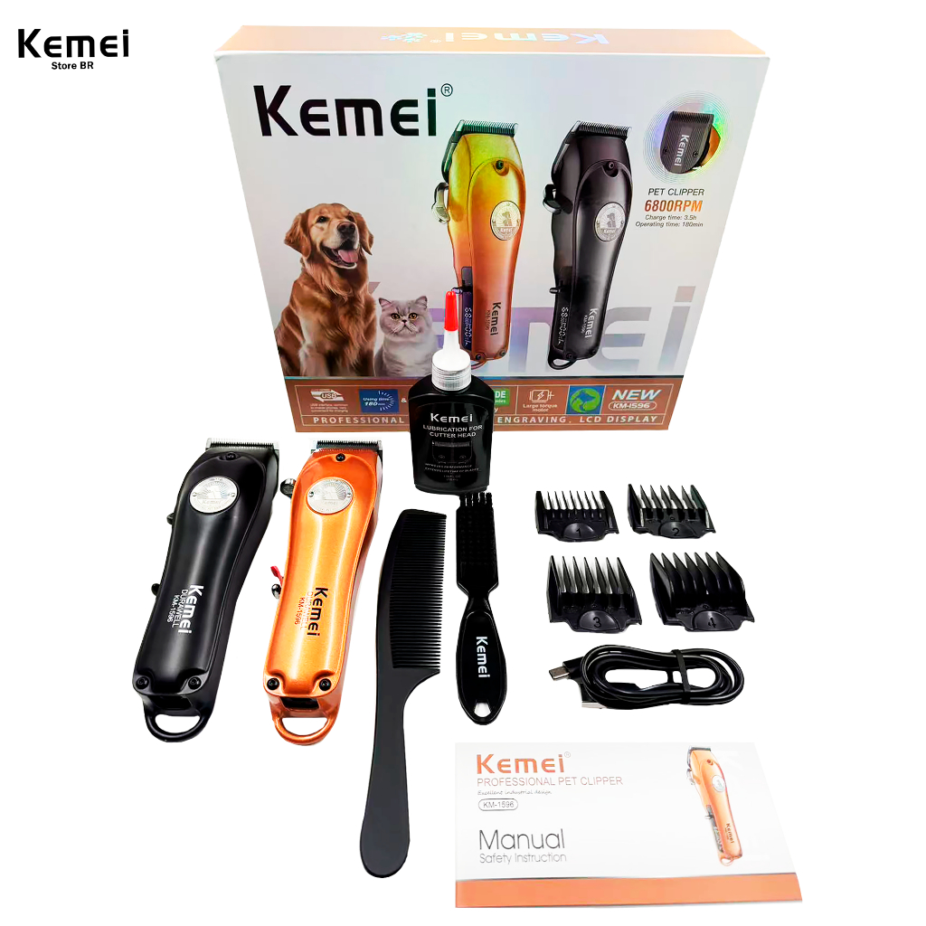 KEMEI 1596 Máquina de Tosa Profissional Sem Fio  6800 RPM Display LCD  Bivolt 5W de Potência - Pets