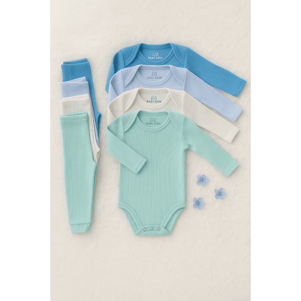 Kit 6 Peças Bebê Pagão Canelado Longo 100% Algodão 3 Body 3 Calças