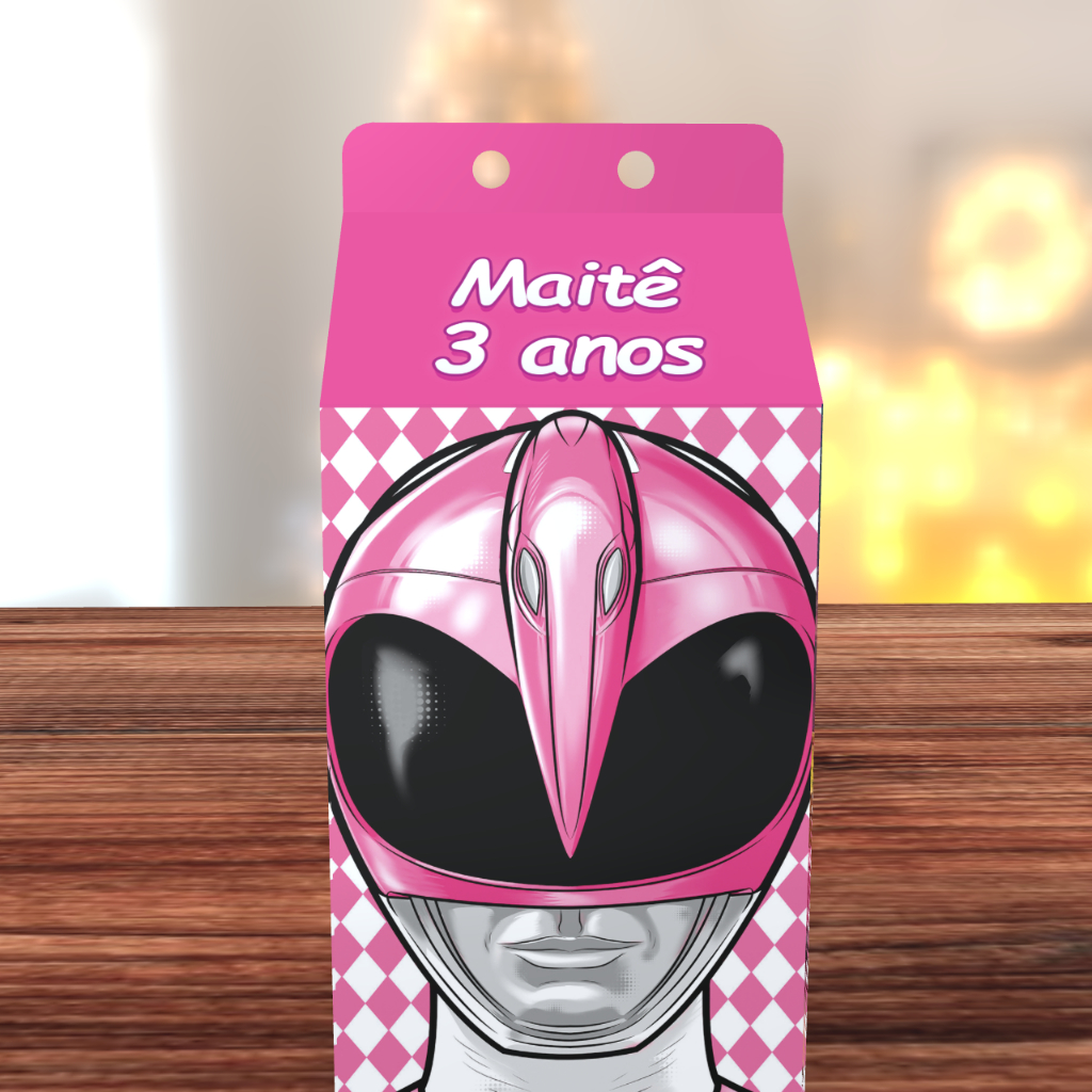 Caixa Milk Personalizada Power Ranger Rosa com Nome - Lembrancinha Aniversário Infantil Menina