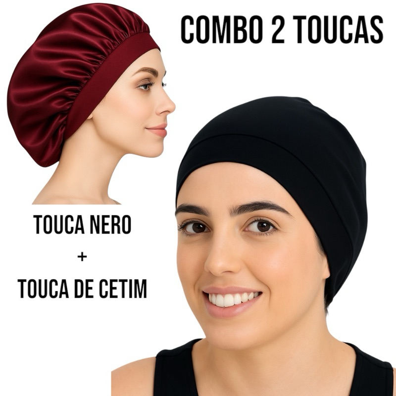 Kit Touca Nero + Touca de Cetim Lisa com Faixa – Anti Frizz, Para Dormir, Proteger e Alisar Cabelos