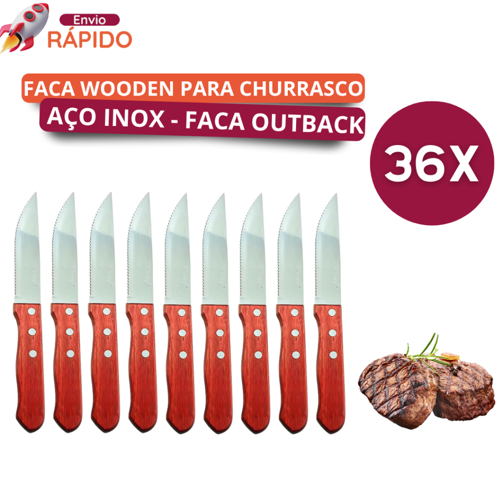 Kit 36 Faca Wooden Inox Para Carne Churrasco Faca de Serra Cabo de Madeira Outback Alta Qualidade