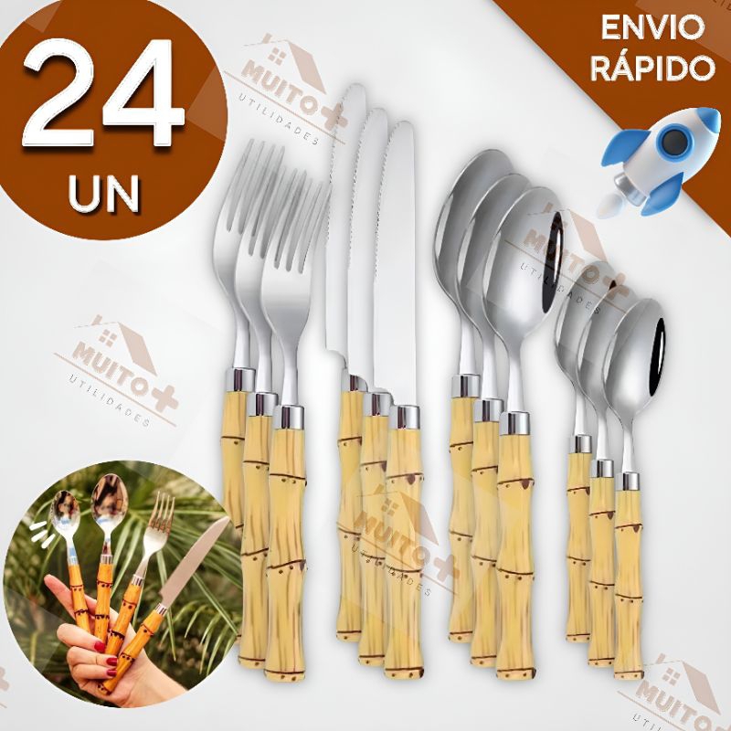 Jogo de Talheres 24 Peças Faca Garfo Colher e Colheres de Sobremesa Aço Inox de Cabo Plástico Bambu