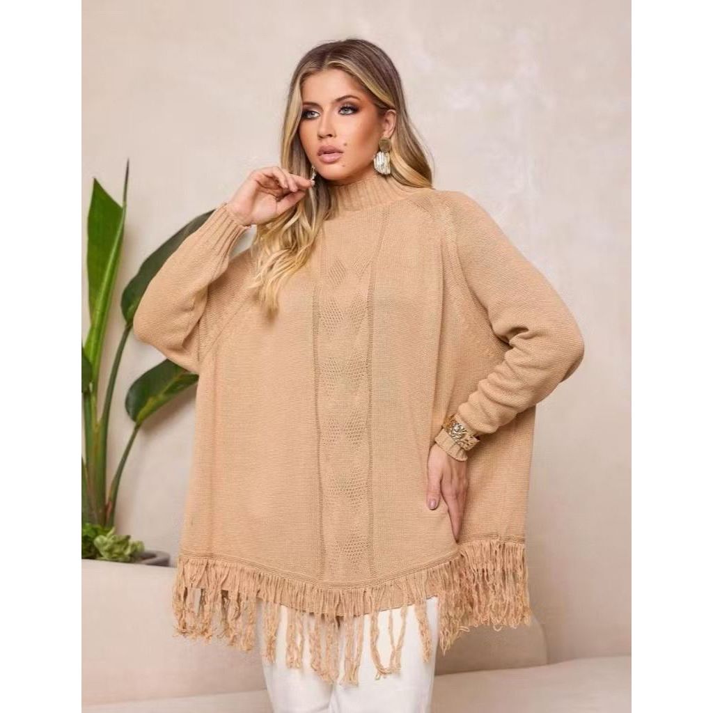 Blusa poncho com franja simples casual manga morcego Outono Inverno