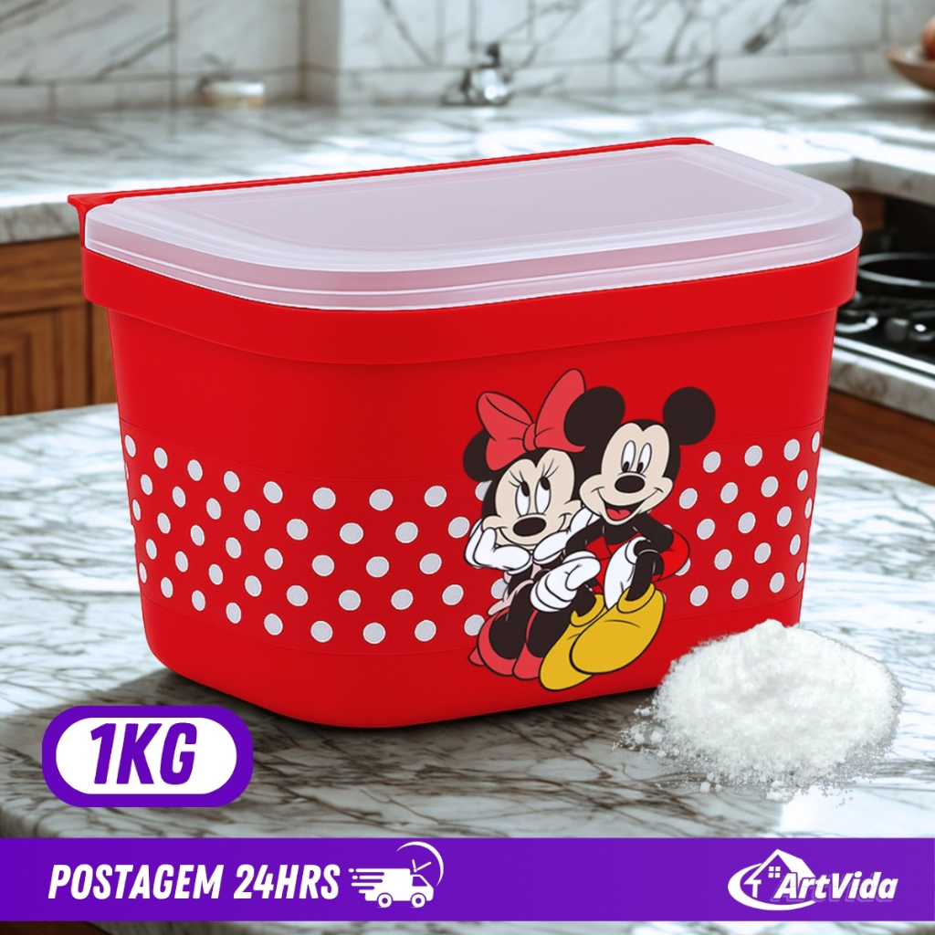 Saleiro Mickey Minnie 1KG Tampa fecha e abre fácil Cozinhas Guarda Condimentos – ArtVida em Oferta na Shopee