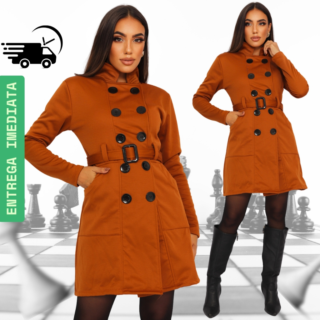 CASACO SOBRETUDO MOLETOM FEMININO Flanelado Morram Caramelo – Look Sofisticado com Cinto e 10 Botões
