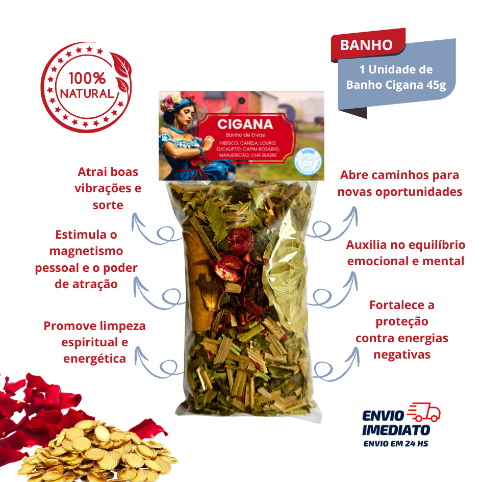 Banho de Cigana 45g Energético Atrativo e Purificação Hibisco Canela Louro Eucalipto Capim Rosário Manjericão Chá bugre