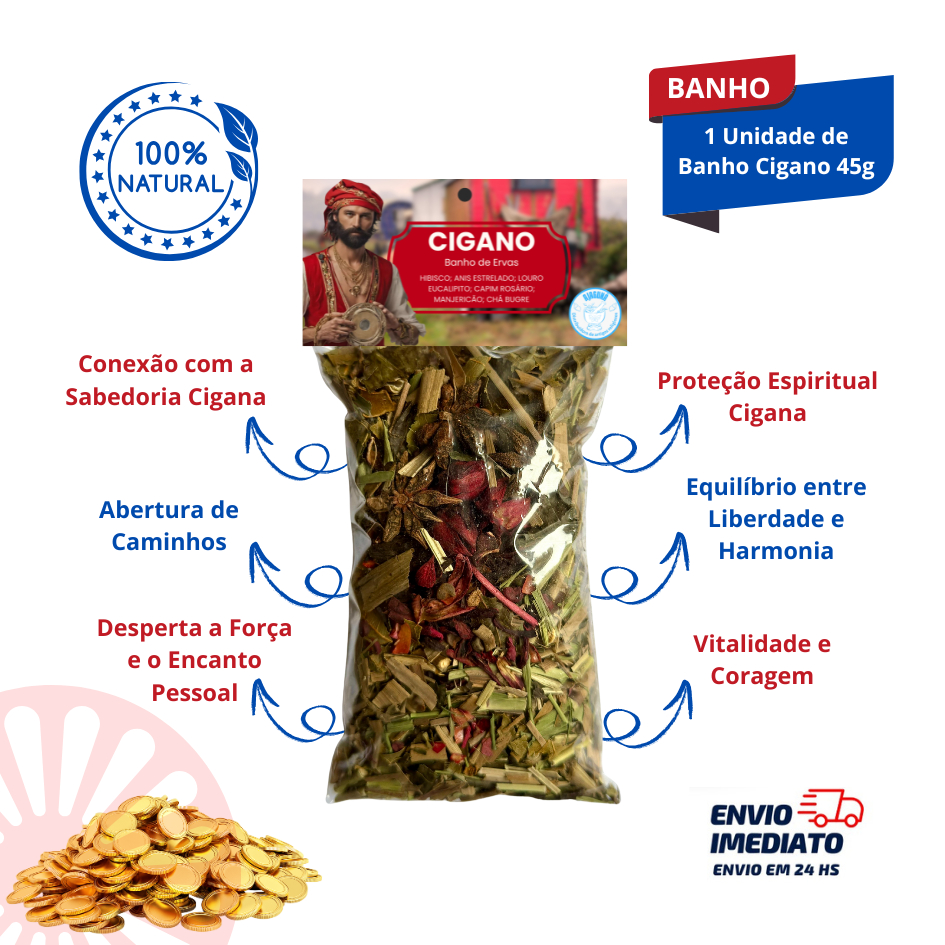 Banho de Cigano 45g Limpeza Proteção e Atração Ervas Hibisco Anis Estrelado Louro Eucalipto Rosário Manjerição Chá bugre