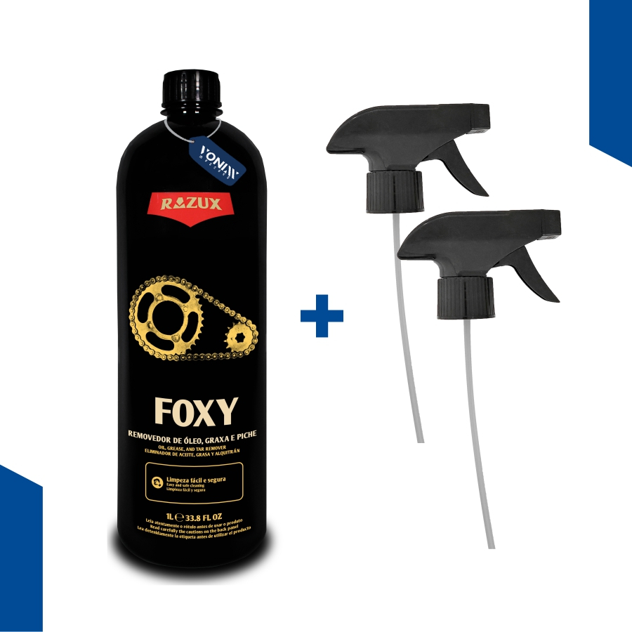 Kit Foxy Limpa Corrente E Motor Tira Piche Óleo Graxa Razux 1litro + 2 Valvula Gatilhos Spray Vonixx