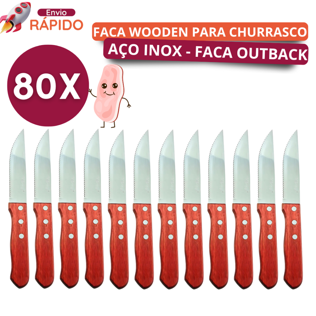 Jogo 80 Faca Cabo Madeira Inox Carne Churrasco Serra Rústico Resistente Tipo Outback Corte Afiado