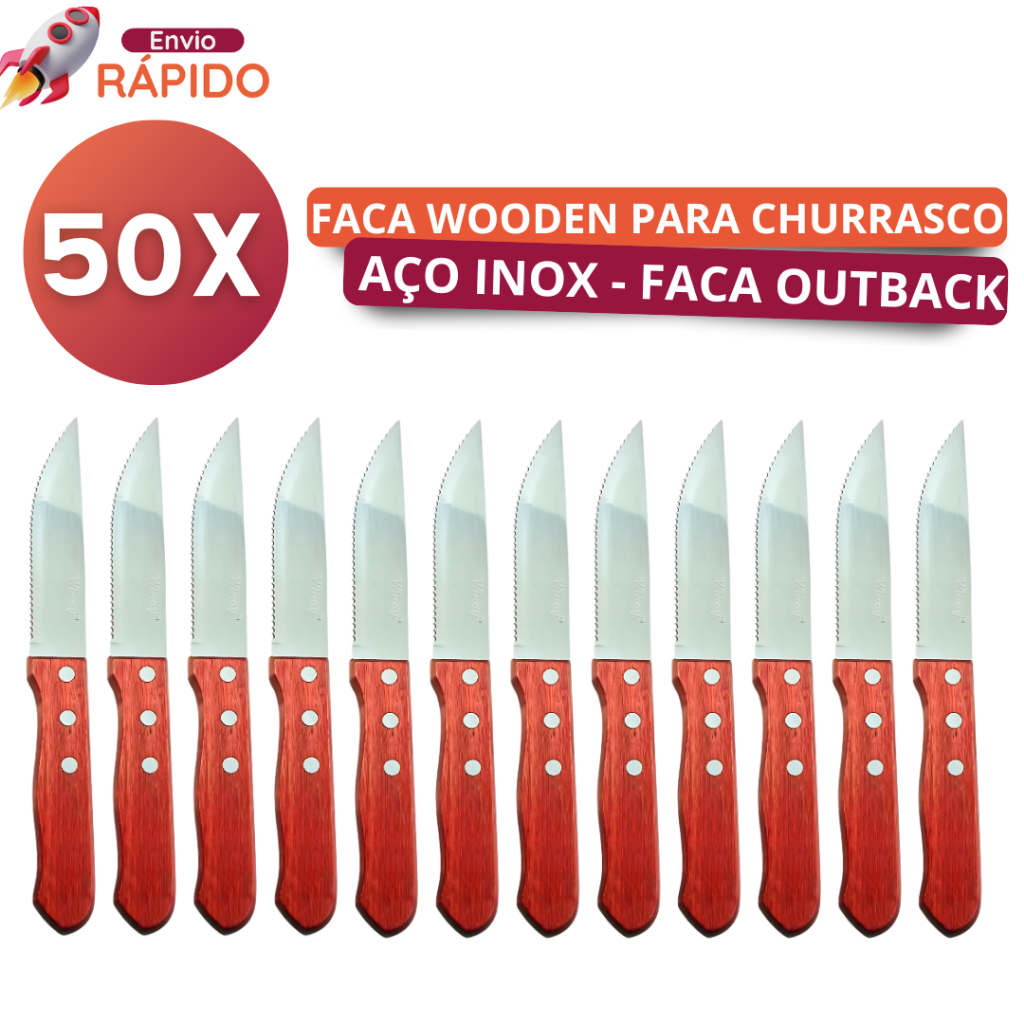 50 Faca de Serra para Carne Churrasco Cabo Madeira Estilo Outback Aço Inox Profissional Premium