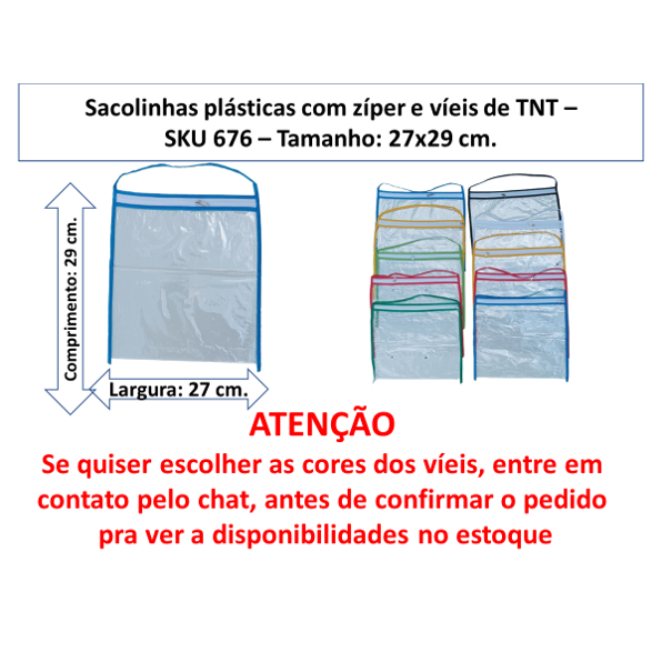 Organizador Multiuso Sacolas plásticas Transp. p/aniversários e utilidades c/ zíper e viés de TNT 27x29 cm. 676