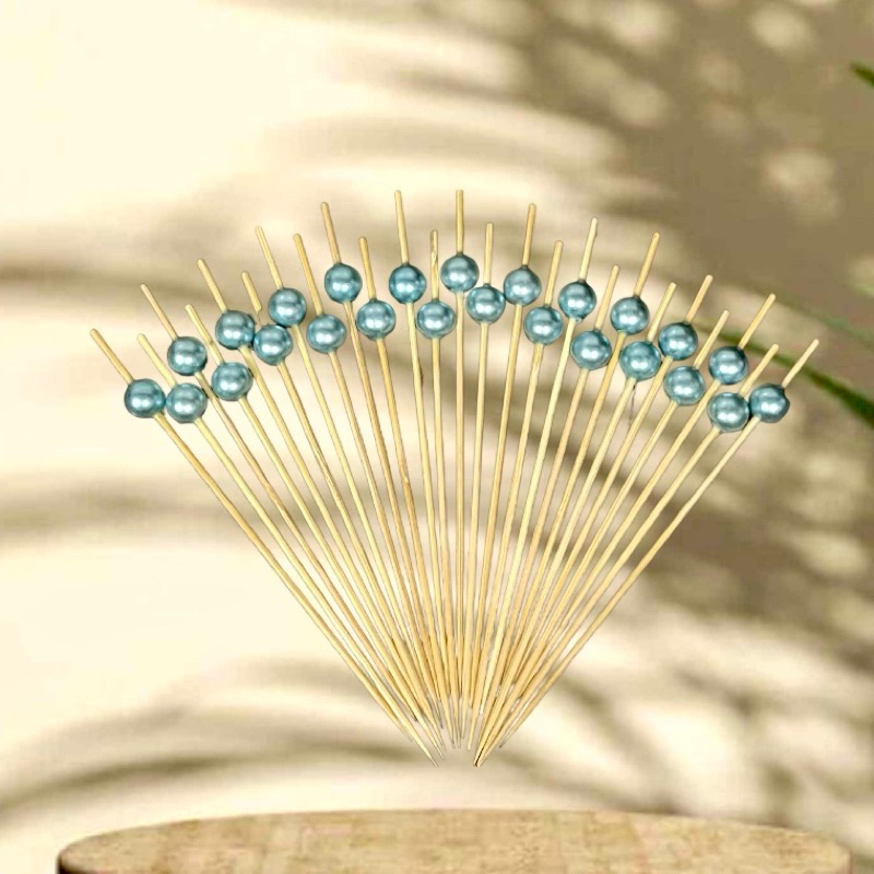100 Palitos de Bambu Petisco Decorado Bolinha Perola  Azul 12cm ecológico