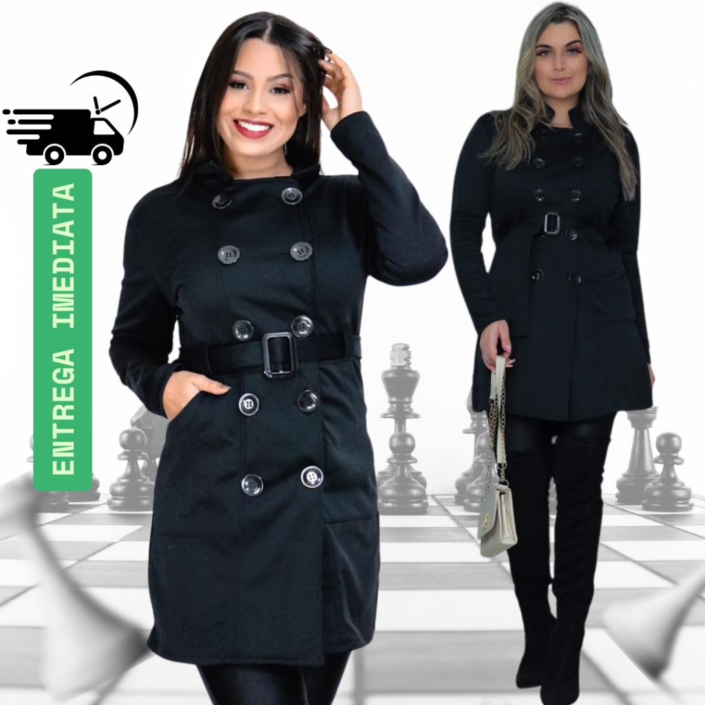 CASACO SOBRETUDO MOLETOM POLIESTER PRETO Flanelado com Cinto e 10 Botões – Elegância no Frio