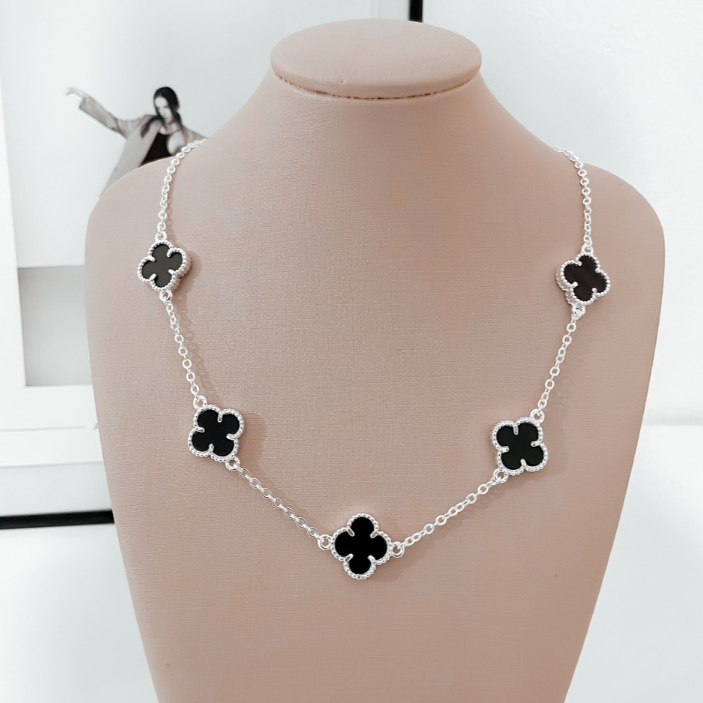 Colar 5 trevos virginia preto prata 925 + BRlNCO DE BRINDE