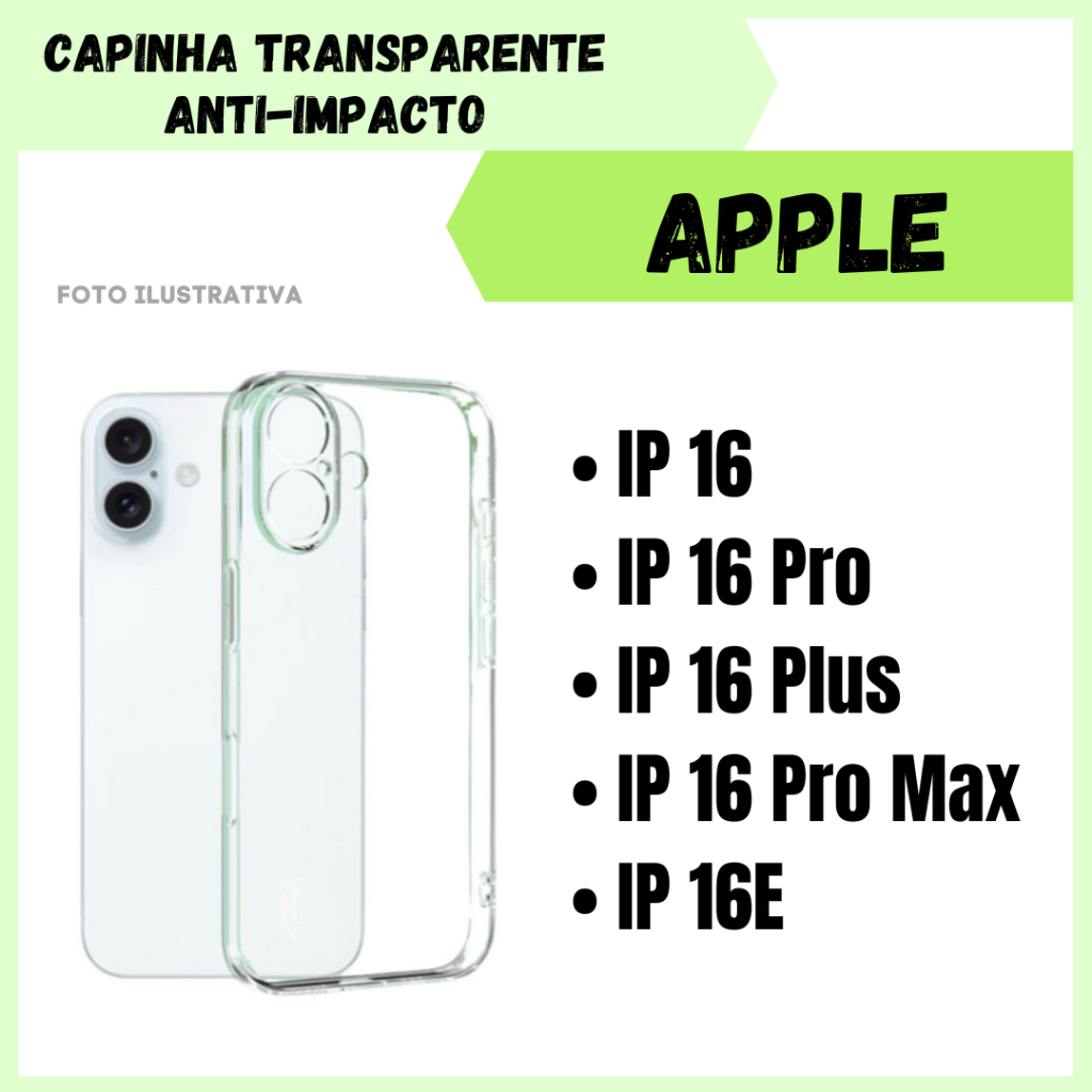Capa Transparente Borda Anti Impacto Para Apple Iphone 16 / 16 Pro / 16 Plus / 16 Pro Max / 16E / Capinha Simples (CF09)