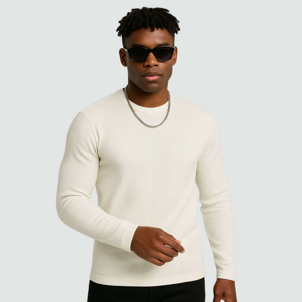 Blusa Cacharrel Masculina Canelada Inverno Casual Slim Fit Off White