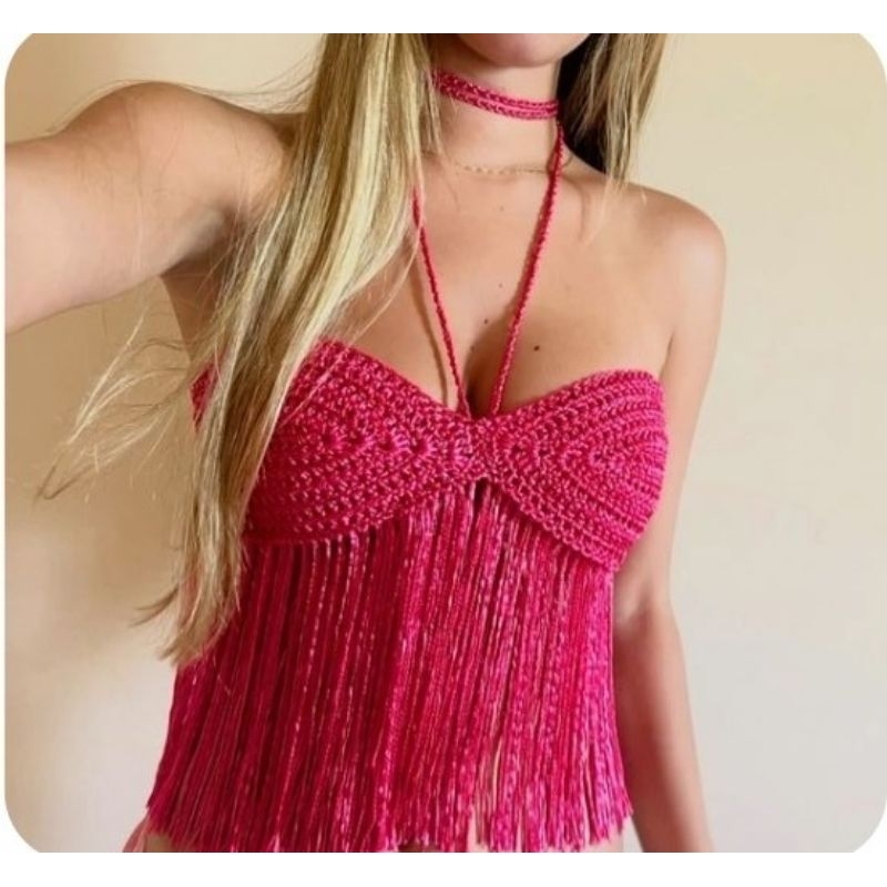 croppd de crochê com franja top de crochê top feminino em Oferta na Shopee