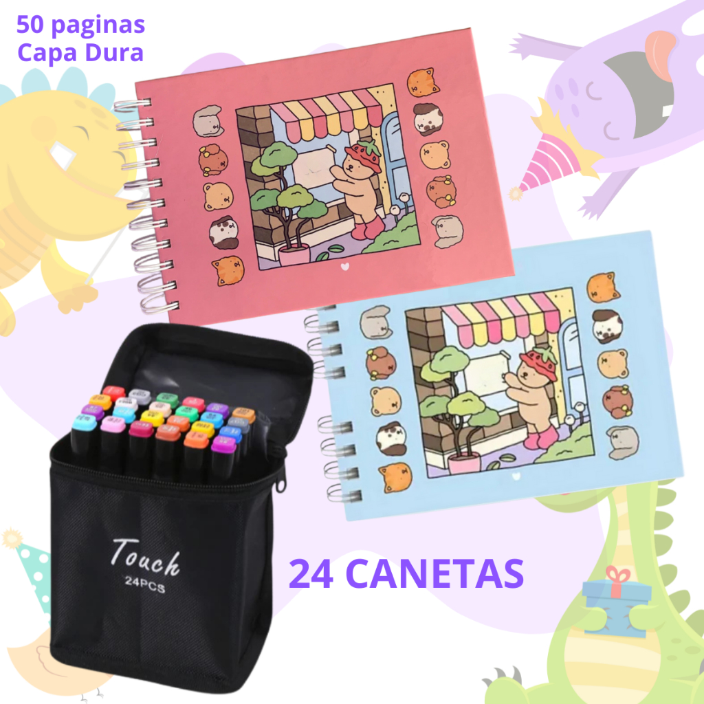 Kit Livro De Colorir Capa Dura 50 Páginas ante mancha + Canetinhas Marca Texto 24/36cores ...
