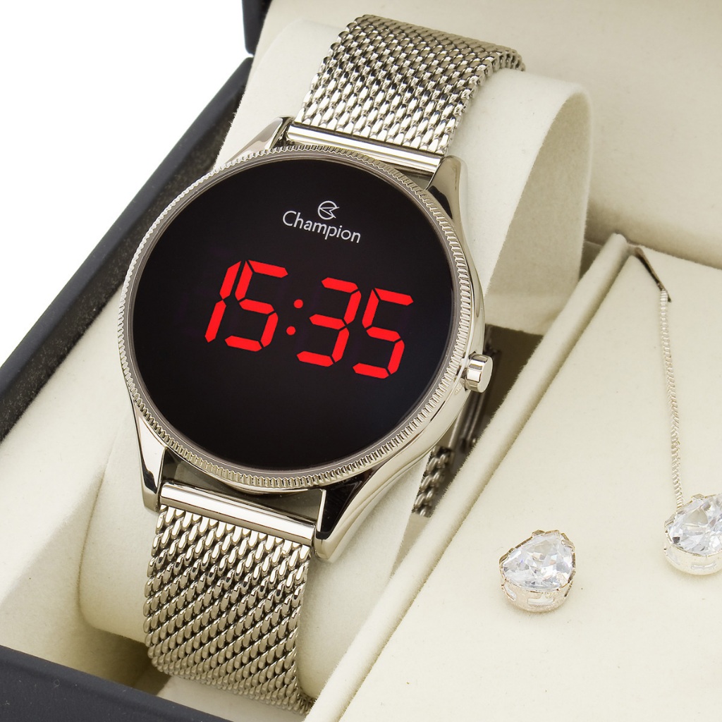Relógio Digital Prata Champion Led Vermelho Pulseira Esteira Mesh CH40133T Original