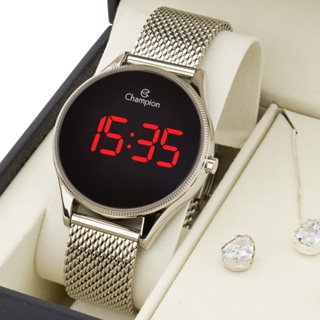 Relógio Digital Prata Champion Led Vermelho Pulseira Esteira Mesh CH40133T Original em Oferta na Shopee