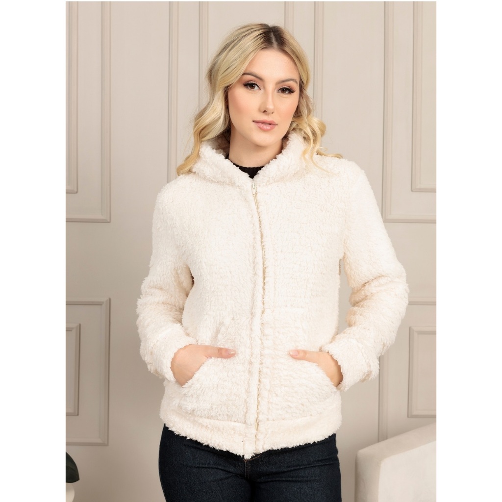 Casaco Teddy Feminino com Capuz e Bolsos com Zíper Quentinho Inverno