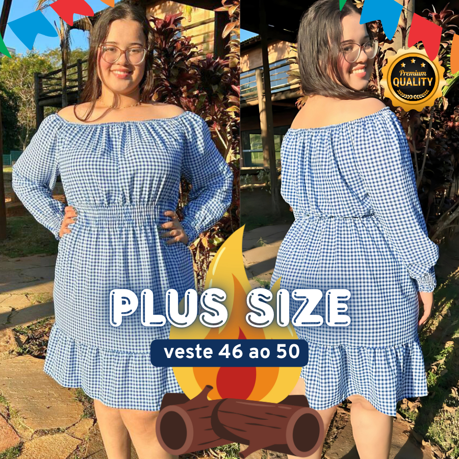 Vestido Xadrez Plus Size Feminino Ciganinha Ombro à Ombro Manga Longa Elegante Festa Junina