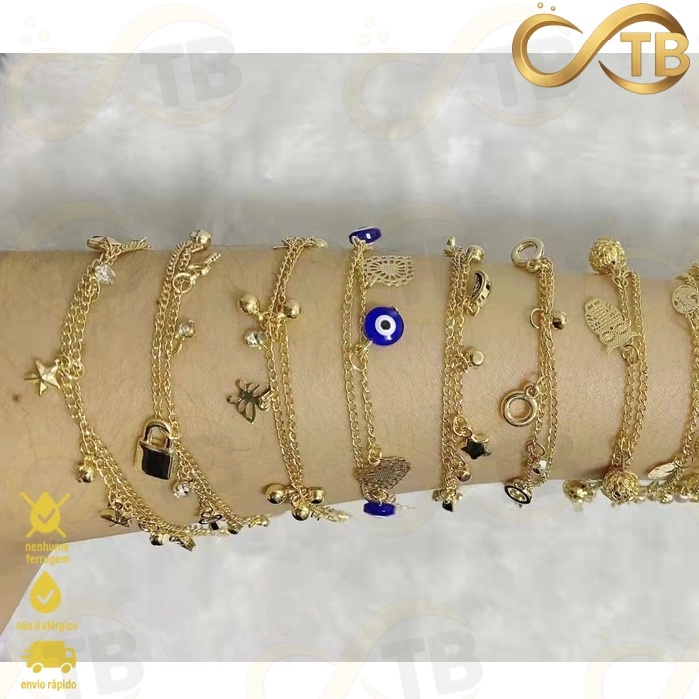TB Colar Kit 8 Pulseiras Femininas Folheadas Banhadas À Prata ou dourado Delicada Pingente Semijoias