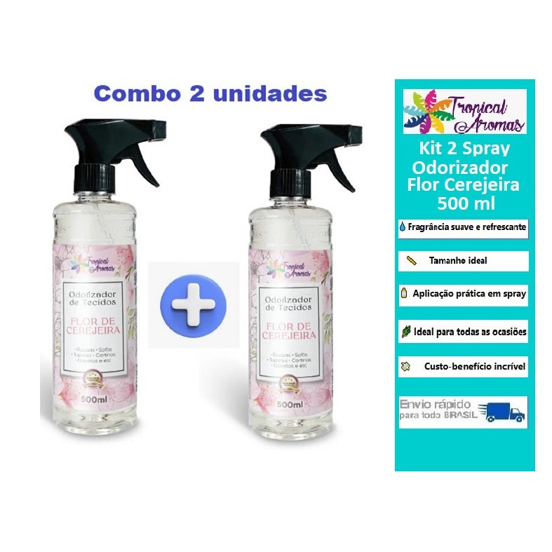 Kit 2 Spray Odorizador Tecido 500ml Flor de Cerejeira Perfume De Roupa Tropical Aromas