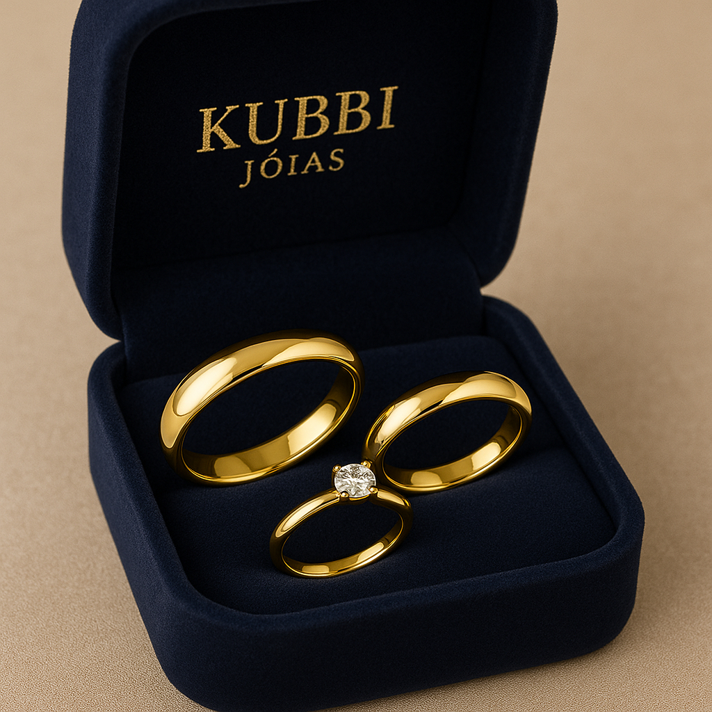💍 Par de Alianças Casamento Ouro Luxo + Anel Solitário ✨ Elegância e Sofisticação | 🚚 Envio Imediato
