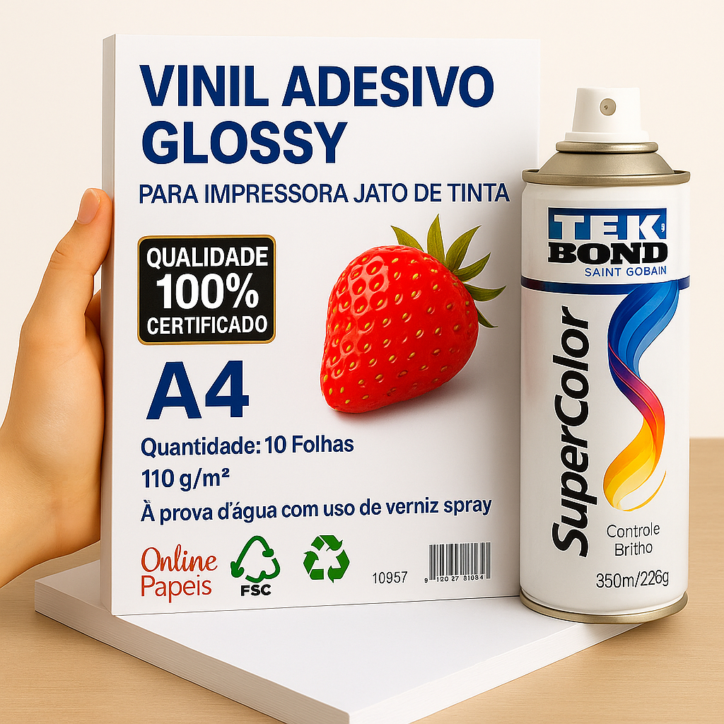 10 Adesivos Vinil Glossy Jato de Tinta + Verniz Spray