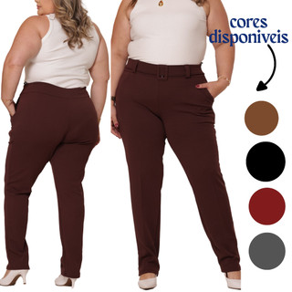 Calça  Feminina Plus Size Com Cinto Forrado Fake Malha Crepe Cintura Alta estilo social