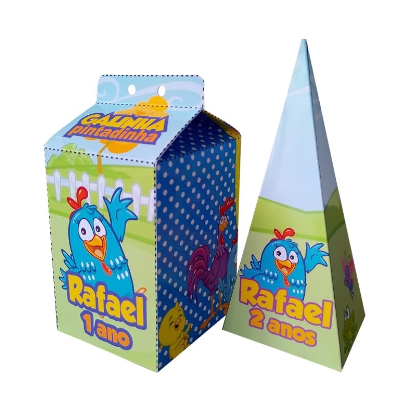 kit festa infantil 5 Caixinhas Milk + 5 Caixinhas Pirâmide Lembrancinha de Aniversário Personalizada Galinha Pintadinha