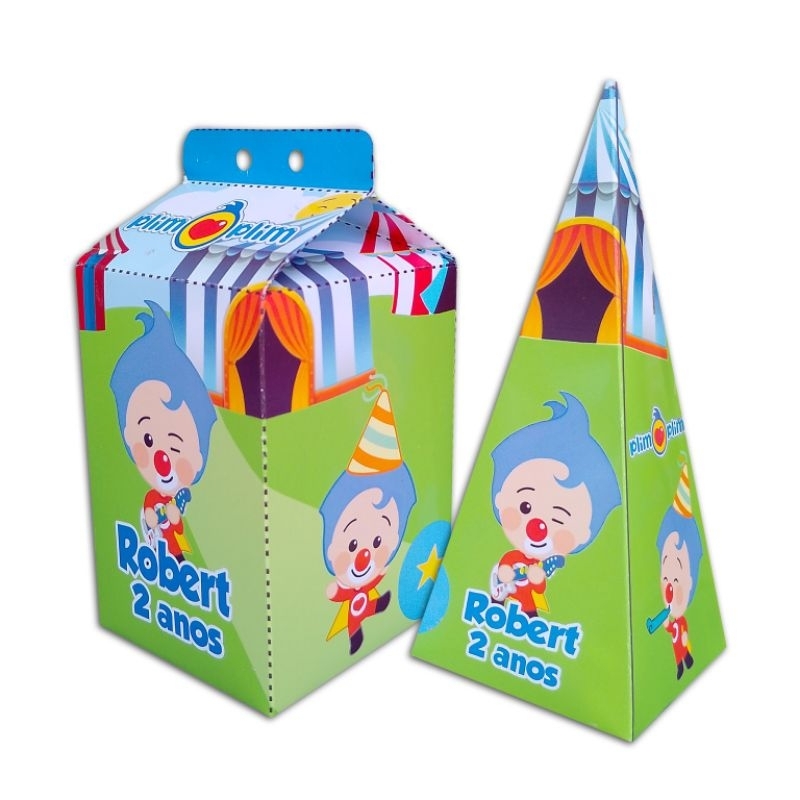 kit festa infantil 5 Caixinhas Milk + 5 Caixinhas Pirâmide Lembrancinha de Aniversário Personalizada Palhaço Plim