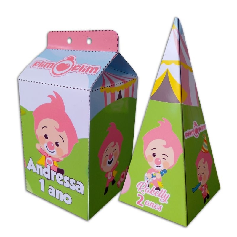 kit festa infantil 5 Caixinhas Milk + 5 Caixinhas Pirâmide Lembrancinha de Aniversário Personalizada Palhaço Plim