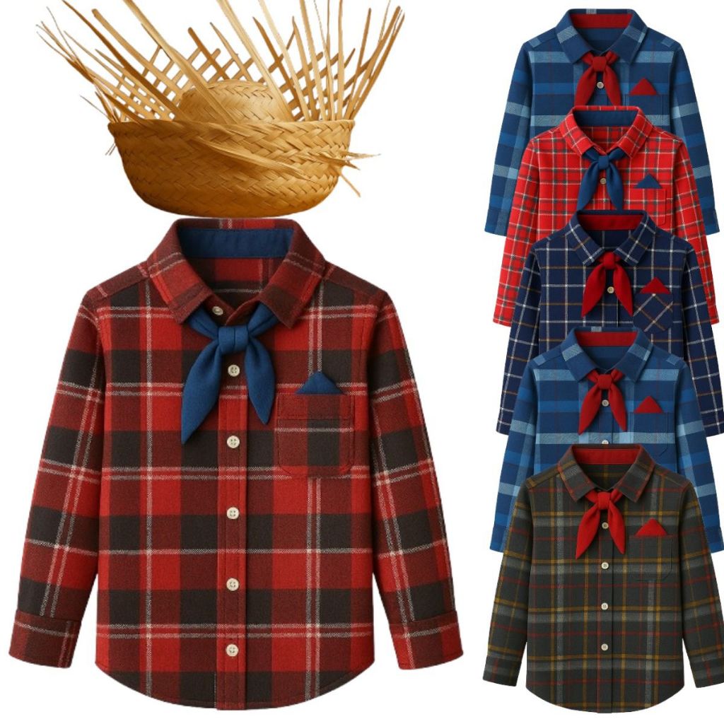 Kit Camisa Xadrez Com Chapéu De Palha Infantil Juvenil Menino Arraiá Festa Junina