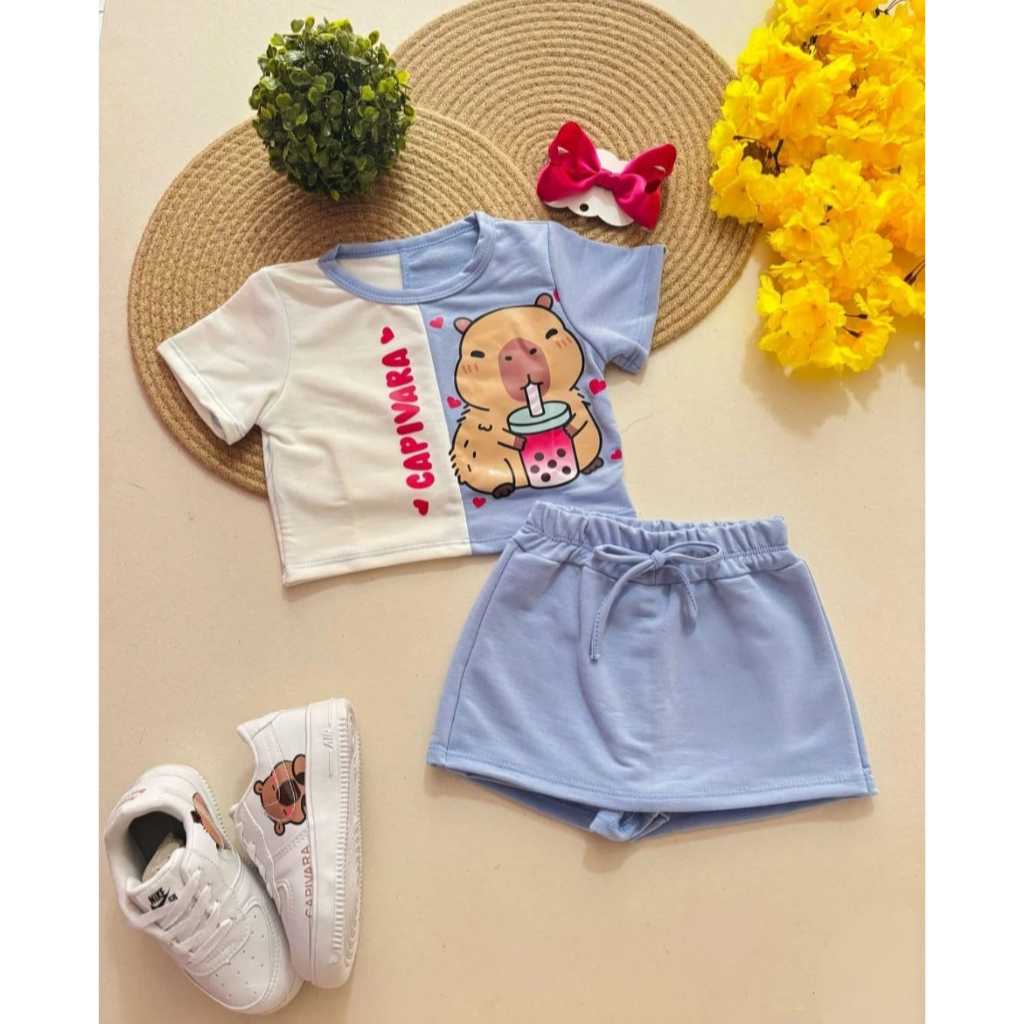 Conjunto Capivara Infantil menina blusa + Short Saia Moda Verão Menina