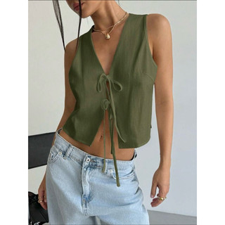 Camisa Feminina Casual de Cor Sólida com Amarração na Frente e Sem Mangas