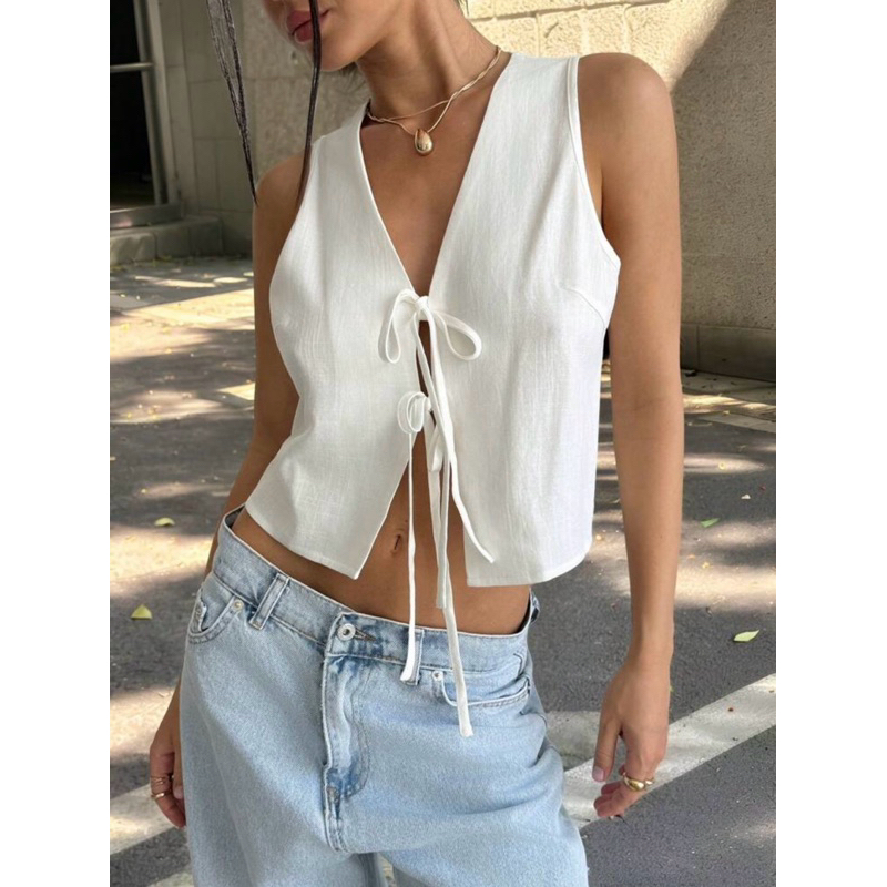 Top Casual Minimalista com Amarração na Frente e Sem Manga, Cor Sólida
