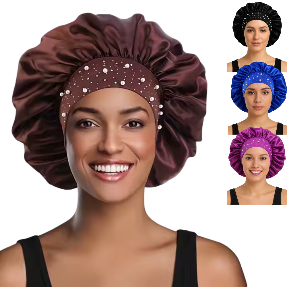 Touca de Cetim com Faixa Decorada com Pérolas Confortável e Elegante