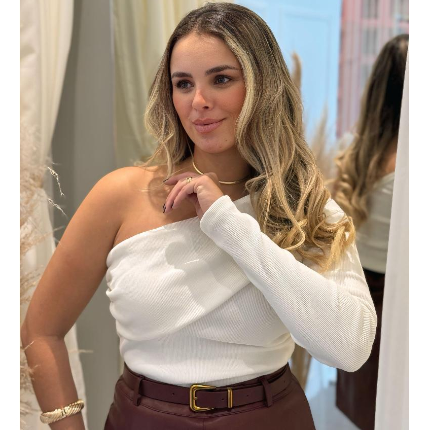 Blusa Feminina Mula Manca Canelada Básica Elegante Ribana Um Ombro Só Algodão Blusinha de ...