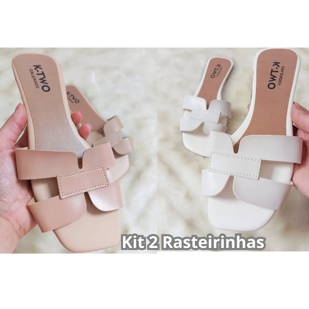 Kit com 2 Sandálias Rasteirinhas, Rasteira Flat Mod. H, Confortável, solado antiderrapante, várias cores, K-two Calçados em Oferta na Shopee
