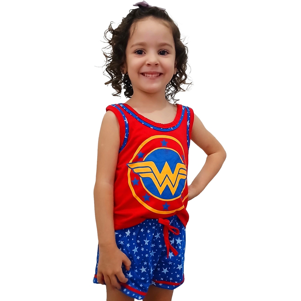 Pijama Infantil Menina Feminino Regata Estampado Com Shorts Mulher Maravilha