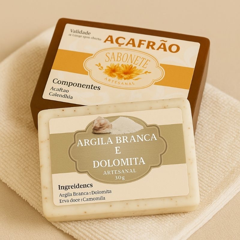 Kit Sabonetes Naturais – Argila Branca com Dolomita + Açafrão | Clareador, Antiacne e Controle de Oleosidade