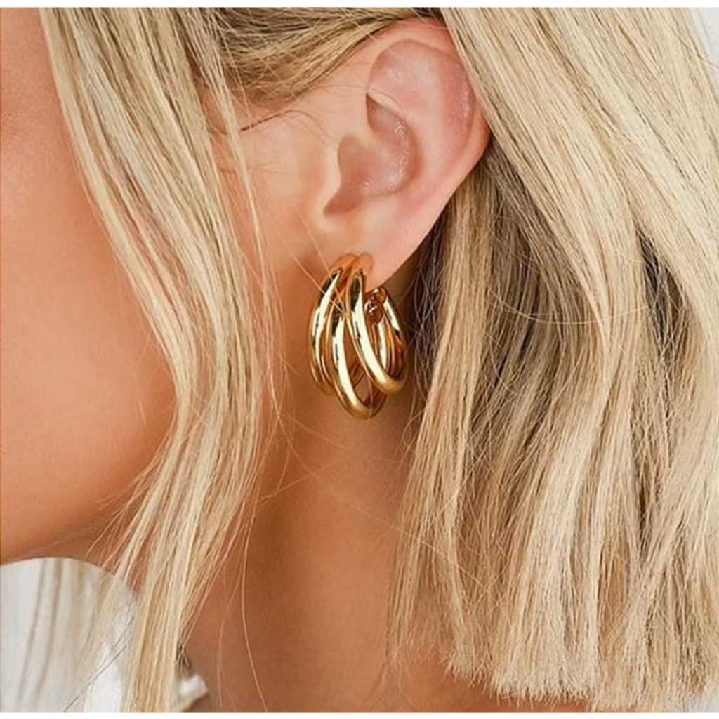 Brinco Argola Lisa Minimalista 3 Fios Trançado Elegante Dourado e Prateado