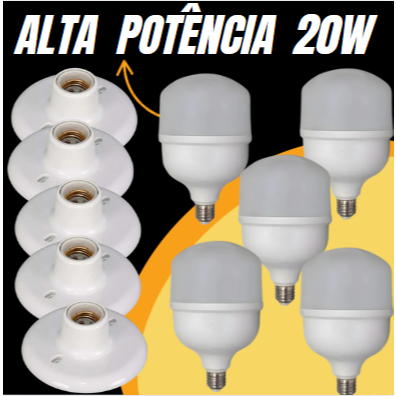 Kit 5 Lâmpadas 20W 6500K + 5 Plafon  Soquete Porcelana Bocal E27 Iluminação Luz Branca Econômico