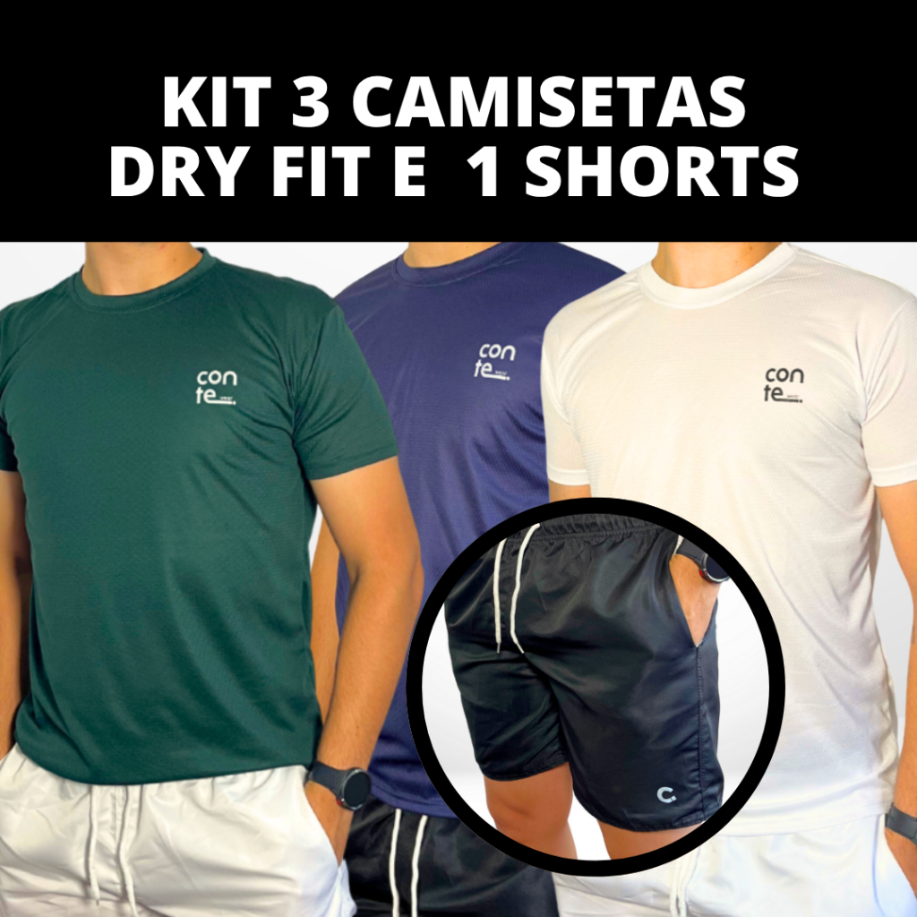 KIt  3 Camisetas  Dry fit masculina Esportivas  + 1 Short Mauricinho Masculino Academia Casual treino