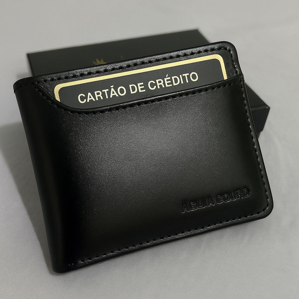 Carteira Masculina Couro Legítimo Compacta Porta Cartões Bolso com Zíper Preta