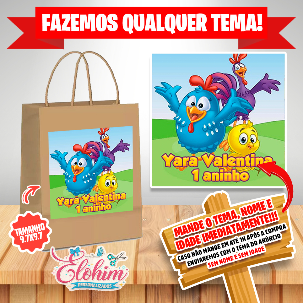 Rótulo Adesivo para personalizar sacolas Kraft / Craft - Galinha pintadinha